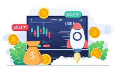 Kripto döviz ticareti ve büyüyen konsept düz illüstrasyon vektör şablonu, Bitcoin yükselişi, bilgisayar, grafik, rakamlar ve SELL ve BUY seçenekleriyle borsa sahnesi, Kripto yatırım stratejisi