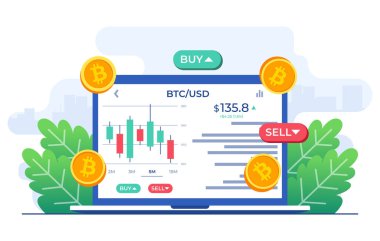 Dizüstü bilgisayarı, grafiği ve SELL ve BUY seçenekleriyle borsa sahnesi, Kripto döviz ticareti, şamdan şeması, Bitcoin, Dijital web parası, Kripto yatırım stratejisi