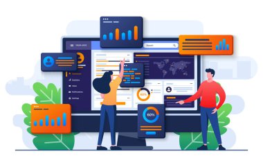 Veri tabloları, grafikler ve bilgisayar ekranında bir panel, SEO pazarlama reklam analitik vektör ilüstrasyonu, pazarlama analizi, pazar araştırması, iş analizi inceleyen iki iş adamı. 