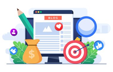 Günlük makaleleri oluşturma konsepti düz illüstrasyon vektör şablonu, İçerik oluşturma, Serbest İnternet makaleleri yazma, web pankartı, iniş sayfası, mobil uygulama, bilgi grafiği için kullanılabilir