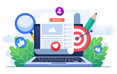 Günlük makaleleri oluşturma konsepti düz illüstrasyon vektör şablonu, İçerik oluşturma, Serbest İnternet makaleleri yazma, web pankartı, iniş sayfası, mobil uygulama, bilgi grafiği için kullanılabilir