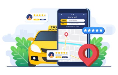 Çevrimiçi taksi konsepti düz illüstrasyon, akıllı telefon ekranında taksi servisi uygulaması, kiralık ve ortak araba, uzaktan araç paylaşımı, navigasyon şifresi, güzergahlı akıllı telefon ve şehir haritasındaki noktalar