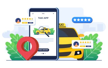 Çevrimiçi taksi şoförü bul, Çevrimiçi taksi konsepti düz illüstrasyon, akıllı telefon ekranında taksi hizmeti uygulaması, kiralık ve ortak araba, uzaktan araç paylaşımı, seyir pimi,
