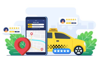 Çevrimiçi taksi konsepti düz illüstrasyon, akıllı telefon ekranında taksi servisi uygulaması, kiralık ve ortak araba, uzaktan araç paylaşımı, navigasyon şifresi, güzergahlı akıllı telefon ve şehir haritasındaki noktalar