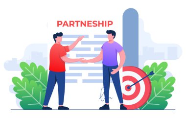 İki işadamı anlaşma ve anlaşma üzerine el sıkışıyor, iş ortaklığı düz çizim vektör şablonu, anlaşma, organizasyon ortaklığı, ortaklık anlaşması