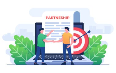 Çevrimiçi anlaşma konsepti düz illüstrasyon şablonu, Sözleşme, Başlangıç, İş Ortaklığı, Web tasarımı için iş ortaklığı konsepti, iniş sayfası, pankart, bilgi, sosyal medya, ui, uygulama 