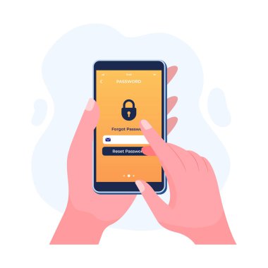 Hesap şifresi ile el ele tutuşan akıllı telefon sayfa düz illüstrasyon vektör şablonu, unutulan parola veya parola, hesap güvenliği, 