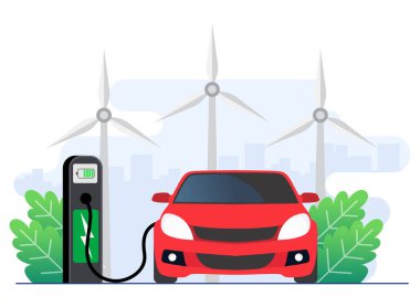 Yeşil enerji teknolojisi konsepti düz illüstrasyon vektör şablonu, şarj istasyonunda elektrikli araba şarj pili, ekolojik ulaşım, ekoloji konsepti, elektronik ulaşım e-hareketi, 