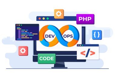 DevOps kavramı düz vektör illüstrasyonu, yazılım geliştirme ve bilişim işletim süreci, teknik destek, DevOps Metodolojisi, Yönetim Geliştirme işlemleri