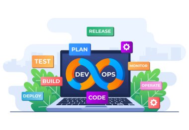 DevOps konsepti düz çizim vektör şablonu, yazılım geliştirme ve bilişim işlemleri, sembol yazılım mühendisliği olarak sonsuzluğun işareti, teknik destek, otomasyon süreci.