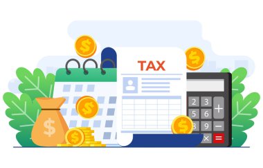 Vergi ödeme konsepti sabit vektör çizim şablonu, Evrak işleri, Finansal araştırma raporu, vergi beyannamesinin hesaplanması, borç ödemesi, hükümet, devlet vergileri, vergi planlaması, vadesi dolma tarihi
