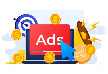 Yayımcılar için gelir sağlayan web sitesi, tıklama başına ödeme konsepti, PPC, reklamcılık veya reklam, izleyicilere marka tanıtımı, İnternet pazarlama kavramı üzerine ücretli reklam kampanyası reklamları
