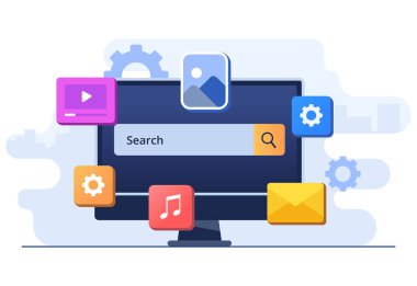  Arama motoru optimizasyon konsepti düz çizim vektör şablonu, SEO büyüme, bilgisayar ekranında tarayıcı arama penceresi bir büyüteçle 