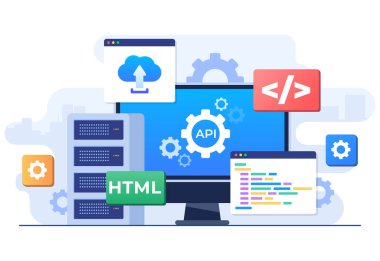 Uygulama Programlama Arayüzü kavramı, API uygulamalar, yazılım geliştirme aracı, internet ve ağ oluşturma, uygulama entegrasyonunun basitleştirilmesi arasındaki iletişim arayüzünü sağlar 