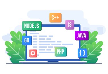 Web geliştirme konsepti düz illüstrasyon vektör şablonu, Uygulama tasarımı, programlama dilleri, test web sitesi, kodlama süreci, Analitik veri içeren bir dizüstü bilgisayarda kodlama ve programlama