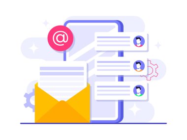 İniş sayfası için e-posta pazarlama düz illüstrasyon vektör kavramı, çevrimiçi iş stratejisi, reklamcılık, e-posta bülteni, mesajlaşma, pazarlama materyal kavramı, web afişi, sosyal medya, bilgi