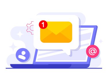 İniş sayfası için e-posta pazarlama düz illüstrasyon vektör kavramı, çevrimiçi iş stratejisi, reklamcılık, e-posta bülteni, mesajlaşma, pazarlama materyal kavramı, web afişi, sosyal medya, bilgi