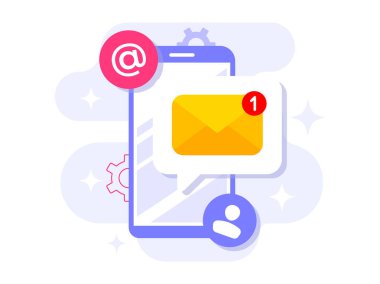 İniş sayfası için e-posta pazarlama düz illüstrasyon vektör kavramı, çevrimiçi iş stratejisi, reklamcılık, e-posta bülteni, mesajlaşma, pazarlama materyal kavramı, web afişi, sosyal medya, bilgi