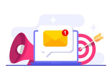 İniş sayfası için e-posta pazarlama düz illüstrasyon vektör kavramı, çevrimiçi iş stratejisi, reklamcılık, e-posta bülteni, mesajlaşma, pazarlama materyal kavramı, web afişi, sosyal medya, bilgi