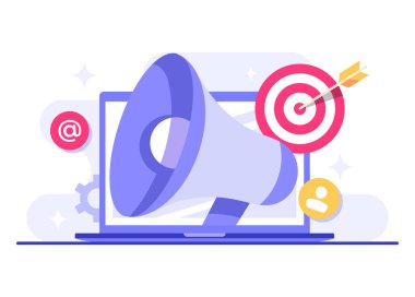 Dizüstü bilgisayarda megafon, e-posta pazarlama düz illüstrasyon, çevrimiçi iş stratejisi, reklamcılık, e-posta bülteni, web afişi pazarlama konsepti, bilgi, sosyal medya