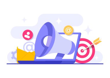 E- posta pazarlama düz illüstrasyon, Çevrimiçi iş stratejisi, reklamcılık, e-posta bülteni, mesajlaşma, web afişi, sosyal medya, bilgi grafiği gibi pazarlama kavramları kullanarak hedef kitleye yaklaşılıyor