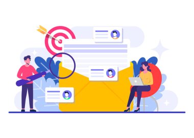E- posta pazarlama düz illüstrasyon, Çevrimiçi iş stratejisi, reklamcılık, e-posta bülteni, mesajlaşma, web afişi, sosyal medya, bilgi grafiği gibi pazarlama kavramları kullanarak hedef kitleye yaklaşılıyor