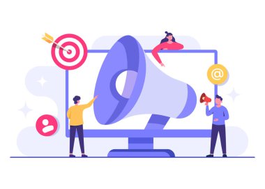 Ekibimize katılın, dev megafonlu insanlar grubumuza iniş sayfası, web afişi, sosyal medya ve bilgi paylaşımı için konsept düz illüstrasyon alıyoruz.