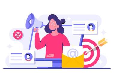 İniş sayfası için e-posta pazarlama düz illüstrasyon vektör kavramı, çevrimiçi iş stratejisi, reklamcılık, e-posta bülteni, mesajlaşma, pazarlama materyal kavramı, web afişi, sosyal medya, bilgi