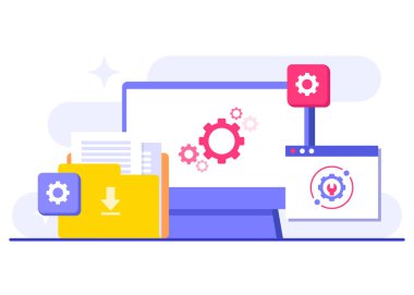 Sistem bakım düz vektör çizimi, Hata, düzeltme sorunu, aygıt güncellemesi, bakım altındaki yazılım sistemi, aygıtlar üzerindeki yazılım güncelleme süreci, İnsanlar işlem sistemini güncelliyor