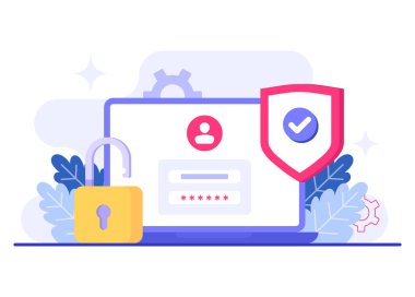 Şifre güvenli erişim, Veri koruması, Siber güvenlik, İnternet güvenliği, bilgi gizliliği, İniş sayfası, uygulama, web pankartı, bilgi, poster illüstrasyonu için hesap koruması düz vektör çizimi+