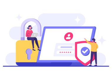 Şifre güvenli erişim, Veri koruması, Siber güvenlik, İnternet güvenliği, bilgi gizliliği, İniş sayfası, uygulama, web pankartı, bilgi, poster illüstrasyonu için hesap koruması düz vektör çizimi+