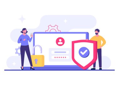 Şifre güvenli erişim, Veri koruması, Siber güvenlik, İnternet güvenliği, bilgi gizliliği, İniş sayfası, uygulama, web pankartı, bilgi, poster illüstrasyonu için hesap koruması düz vektör çizimi