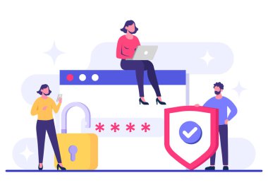 Şifre güvenli erişim, Veri koruması, Siber güvenlik, İnternet güvenliği, bilgi gizliliği, İniş sayfası, uygulama, web pankartı, bilgi, poster illüstrasyonu için hesap koruması düz vektör çizimi