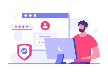 Şifre güvenli erişim, Veri koruması, Siber güvenlik, İnternet güvenliği, bilgi gizliliği, İniş sayfası, uygulama, web pankartı, bilgi, poster illüstrasyonu için hesap koruması düz vektör çizimi