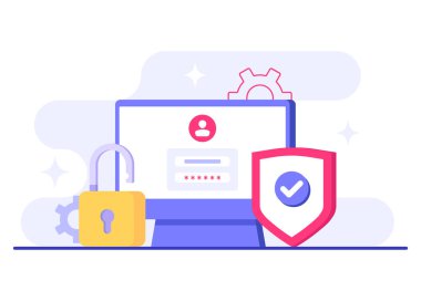 Şifre güvenli erişim, Veri koruması, Siber güvenlik, İnternet güvenliği, bilgi gizliliği, İniş sayfası, uygulama, web pankartı, bilgi, poster illüstrasyonu için hesap koruması düz vektör çizimi