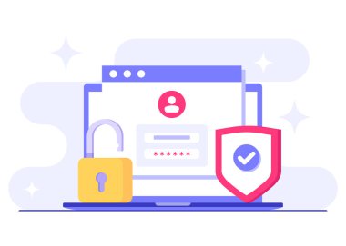 Şifre güvenli erişim, Veri koruması, Siber güvenlik, İnternet güvenliği, bilgi gizliliği, İniş sayfası, uygulama, web pankartı, bilgi, poster illüstrasyonu için hesap koruması düz vektör çizimi