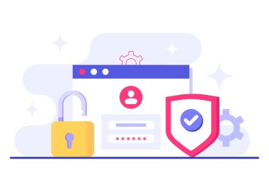 Şifre güvenli erişim, Veri koruması, Siber güvenlik, İnternet güvenliği, bilgi gizliliği, İniş sayfası, uygulama, web pankartı, bilgi, poster illüstrasyonu için hesap koruması düz vektör çizimi