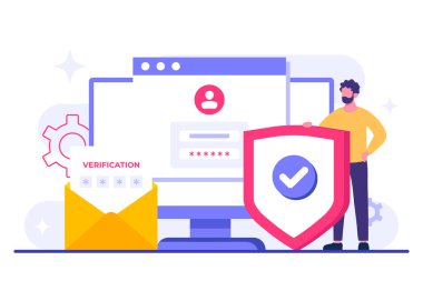 İki adımlı doğrulama düz çizim vektör şablonu, OTP, kimlik doğrulama parolası, bir hesap veya uygulama için güvenli giriş için tek seferlik parola, bilgisayar ekranındaki giriş sayfası