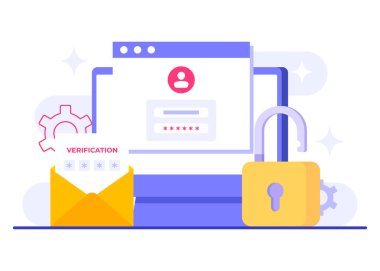 İki adımlı doğrulama düz çizim vektör şablonu, OTP, kimlik doğrulama parolası, bir hesap veya uygulama için güvenli giriş için tek seferlik parola, bilgisayar ekranındaki giriş sayfası