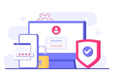 İki adımlı doğrulama düz çizim vektör şablonu, OTP, kimlik doğrulama parolası, bir hesap veya uygulama için güvenli giriş için tek seferlik parola, bilgisayar ekranındaki giriş sayfası