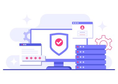 Veritabanı koruması, Siber Güvenlik, Veri Merkezi, Dosya yönetimi, Bulut depolama, Gizlilik Veri Koruma İniş sayfası için düz illüstrasyon, mobil uygulama, poster, broşür, web pankartı, bilgi grafiği