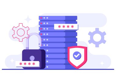 Veritabanı koruması, Siber Güvenlik, Veri Merkezi, Dosya yönetimi, Bulut depolama, Gizlilik Veri Koruma İniş sayfası için düz illüstrasyon, mobil uygulama, poster, broşür, web pankartı, bilgi grafiği