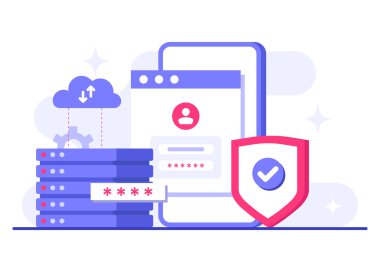 Veritabanı koruması, Siber Güvenlik, Veri Merkezi, Dosya yönetimi, Bulut depolama, Gizlilik Veri Koruma İniş sayfası için düz illüstrasyon, mobil uygulama, poster, broşür, web pankartı, bilgi grafiği