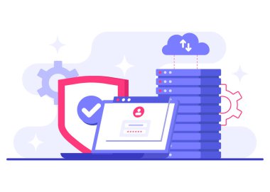 Veritabanı koruması, Siber Güvenlik, Veri Merkezi, Dosya yönetimi, Bulut depolama, Gizlilik Veri Koruma İniş sayfası için düz illüstrasyon, mobil uygulama, poster, broşür, web pankartı, bilgi grafiği