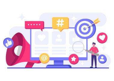 İniş sayfası, web afişi, mobil uygulama, bayrak, iş içeriği stratejisi, web tasarımı, dijital pazarlama çevrimiçi bağlantı konsepti için sosyal medya pazarlama kavramı düz vektör çizimi