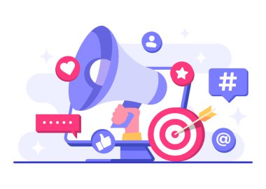 Dijital pazarlama düz vektör illüstrasyonu, reklam kampanyası ve çevrimiçi tanıtım, sosyal ağlardaki reklam içeriği, sosyal medya kampanyası, tanıtım, E-ticaret