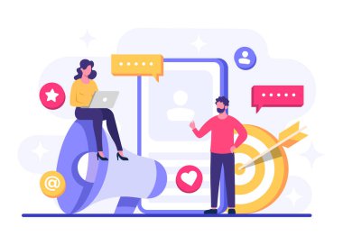 İniş sayfası, web afişi, mobil uygulama, bayrak, iş içeriği stratejisi, web tasarımı, dijital pazarlama çevrimiçi bağlantı konsepti için sosyal medya pazarlama kavramı düz vektör çizimi