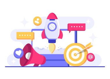 İniş sayfası, web afişi, mobil uygulama, bayrak, iş içeriği stratejisi, web tasarımı, dijital pazarlama çevrimiçi bağlantı konsepti için sosyal medya pazarlama kavramı düz vektör çizimi