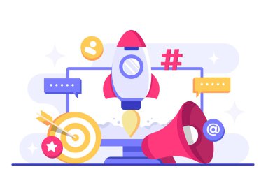 İniş sayfası, web afişi, mobil uygulama, bayrak, iş içeriği stratejisi, web tasarımı, dijital pazarlama çevrimiçi bağlantı konsepti için sosyal medya pazarlama kavramı düz vektör çizimi