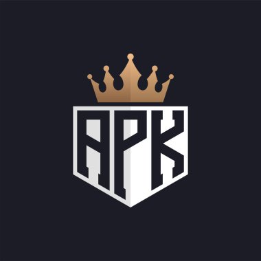 Crown 'lu lüks APK logosu. Seçkin Markalar için Seçkin Baş harfler APK Harf Logosu. Üst Düzey İşletmeler için Harf APK Monogramı